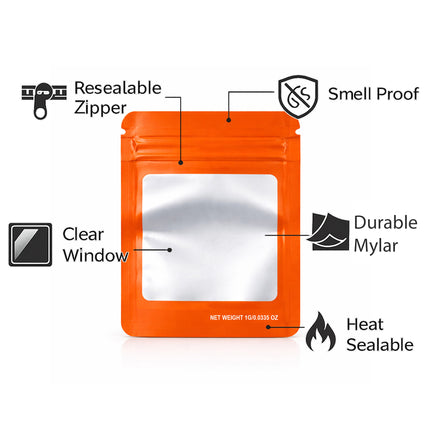 100 Pack – 1g Solid Color Mylar Bags with Square Window - Orange