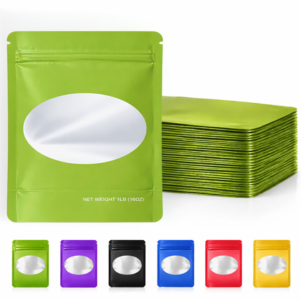 25 Pack – 1lb Solid Color Mylar Bags with Oval Window - Green