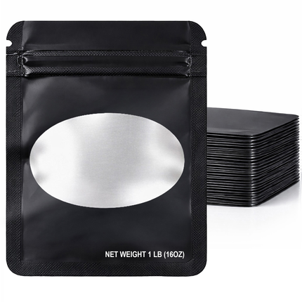 25 Pack – 1lb Solid Color Mylar Bags with Oval Window - Black