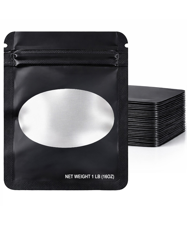 25 Pack – 1lb Solid Color Mylar Bags with Oval Window - Black