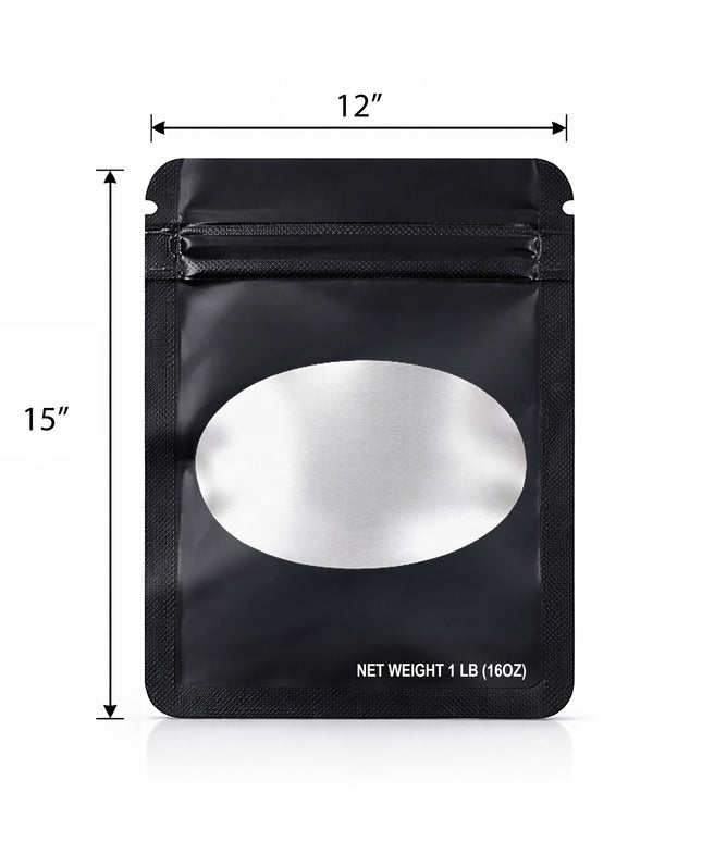 25 Pack – 1lb Solid Color Mylar Bags with Oval Window - Black