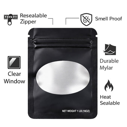 25 Pack – 1lb Solid Color Mylar Bags with Oval Window - Black