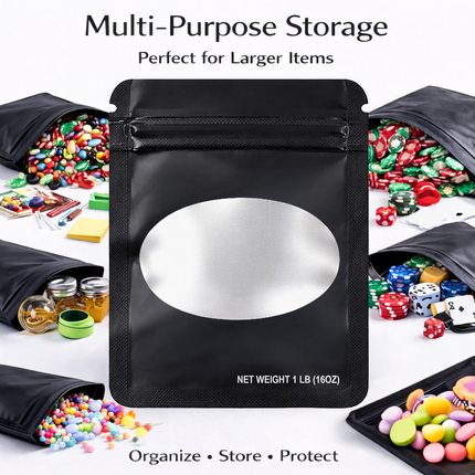 25 Pack – 1lb Solid Color Mylar Bags with Oval Window - Black