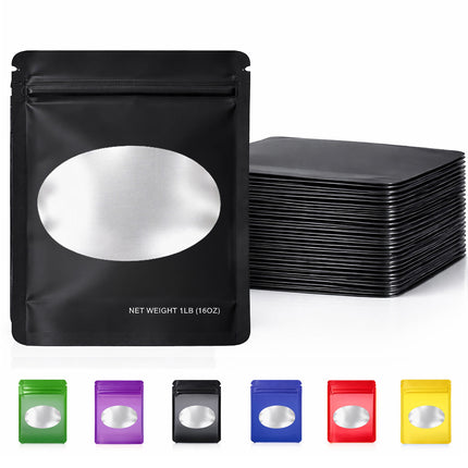 25 Pack – 1lb Solid Color Mylar Bags with Oval Window - Black