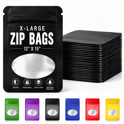 25 Pack - X-Large Solid Color Zip-Seal Foil Pouches (12"x15") Oval Window Selection