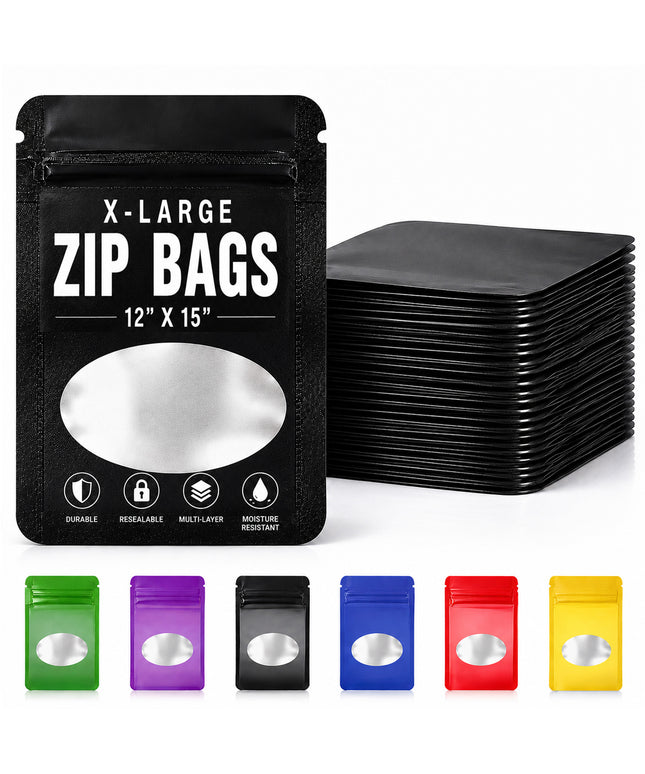 25 Pack - X-Large Solid Color Zip-Seal Foil Pouches (12"x15") Oval Window Selection
