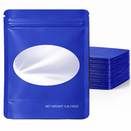 25 Pack – 1lb Solid Color Mylar Bags with Oval Window - Blue