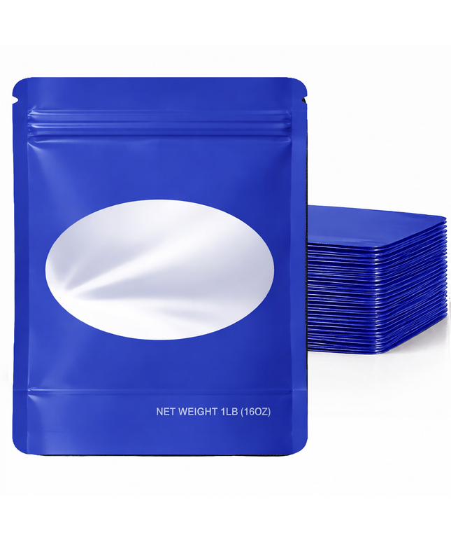 25 Pack – 1lb Solid Color Mylar Bags with Oval Window - Blue