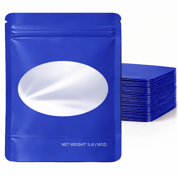 25 Pack – 1lb Solid Color Mylar Bags with Oval Window - Blue