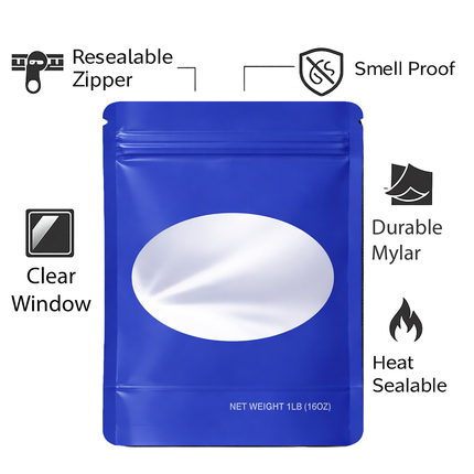 25 Pack – 1lb Solid Color Mylar Bags with Oval Window - Blue