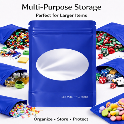 25 Pack – 1lb Solid Color Mylar Bags with Oval Window - Blue