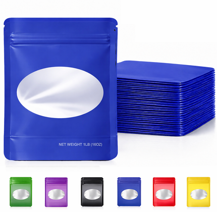 25 Pack – 1lb Solid Color Mylar Bags with Oval Window - Blue