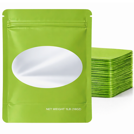 25 Pack – 1lb Solid Color Mylar Bags with Oval Window - Green