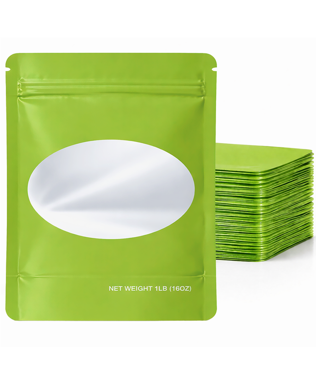 25 Pack – 1lb Solid Color Mylar Bags with Oval Window - Green