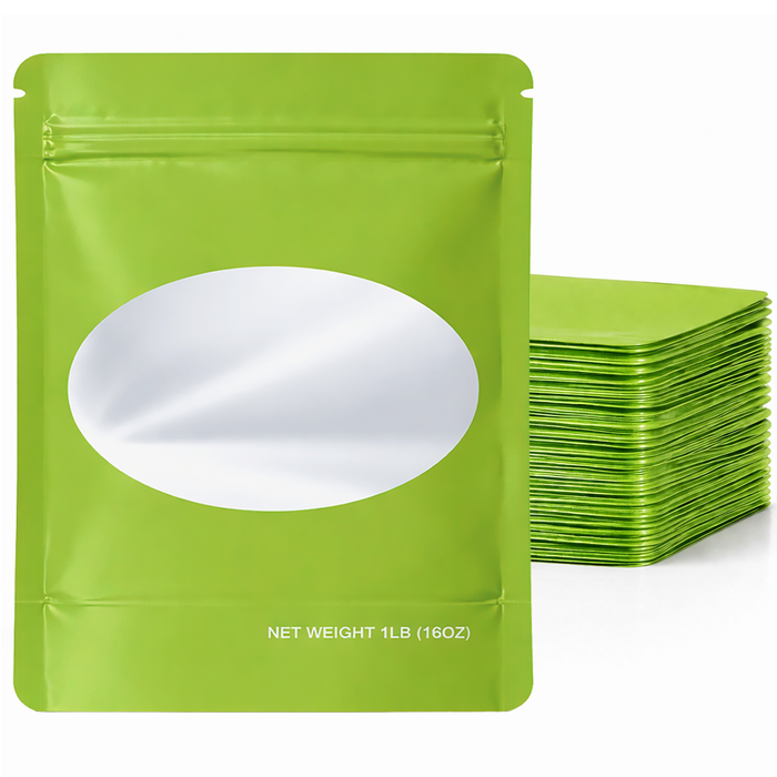25 Pack – 1lb Solid Color Mylar Bags with Oval Window - Green