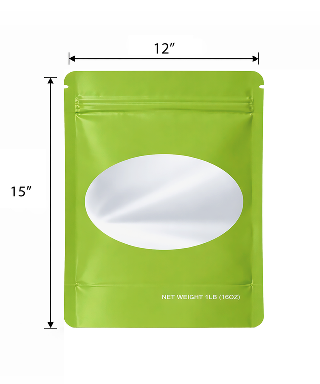 25 Pack – 1lb Solid Color Mylar Bags with Oval Window - Green