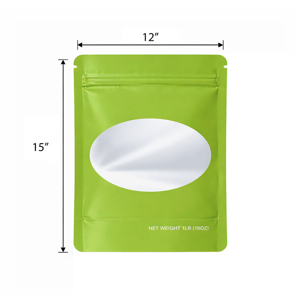 25 Pack – 1lb Solid Color Mylar Bags with Oval Window - Green