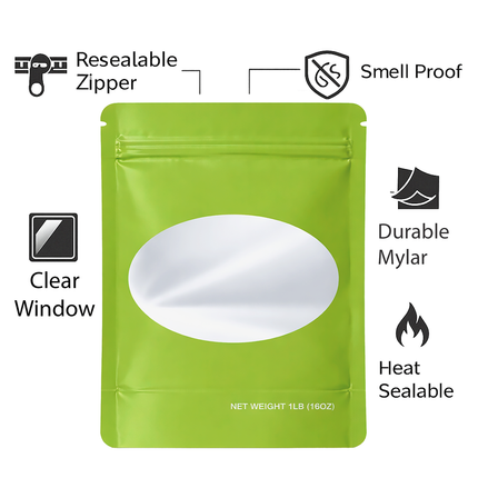 25 Pack – 1lb Solid Color Mylar Bags with Oval Window - Green