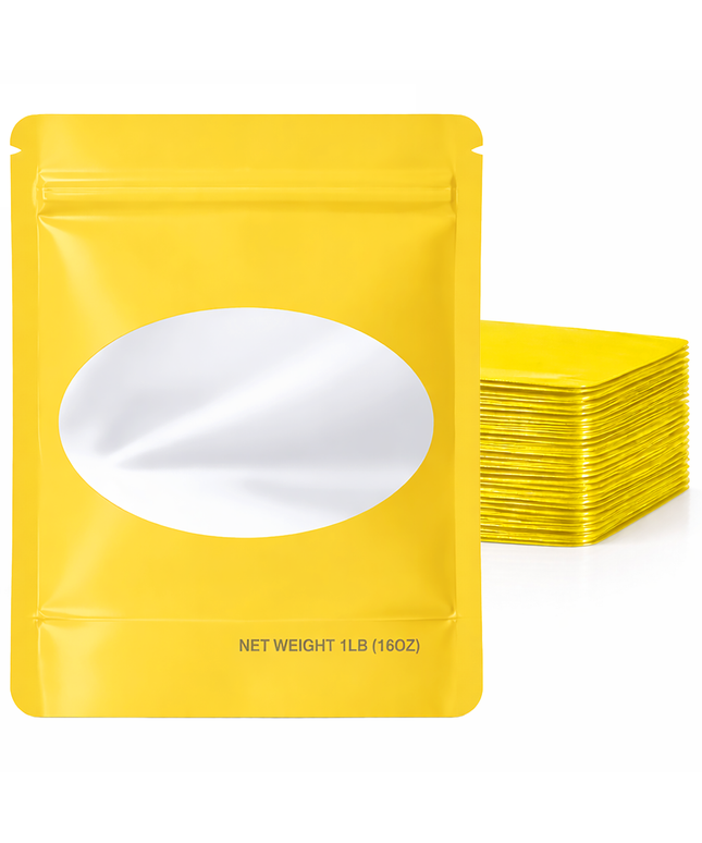 25 Pack – 1lb Solid Color Mylar Bags with Oval Window - Gold
