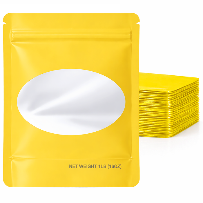 25 Pack – 1lb Solid Color Mylar Bags with Oval Window - Gold