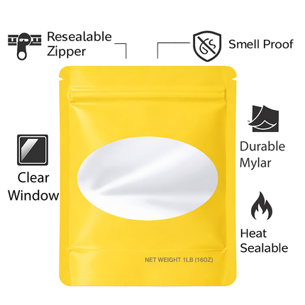 25 Pack – 1lb Solid Color Mylar Bags with Oval Window - Gold