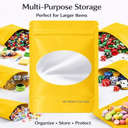 25 Pack – 1lb Solid Color Mylar Bags with Oval Window - Gold