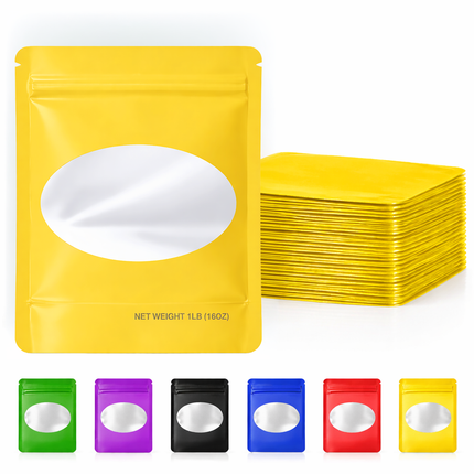 25 Pack – 1lb Solid Color Mylar Bags with Oval Window - Gold