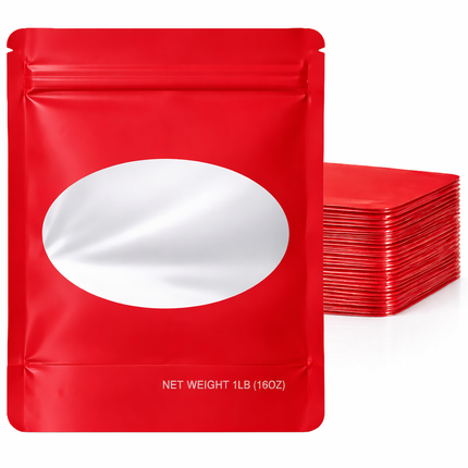 25 Pack – 1lb Solid Color Mylar Bags with Oval Window - Red