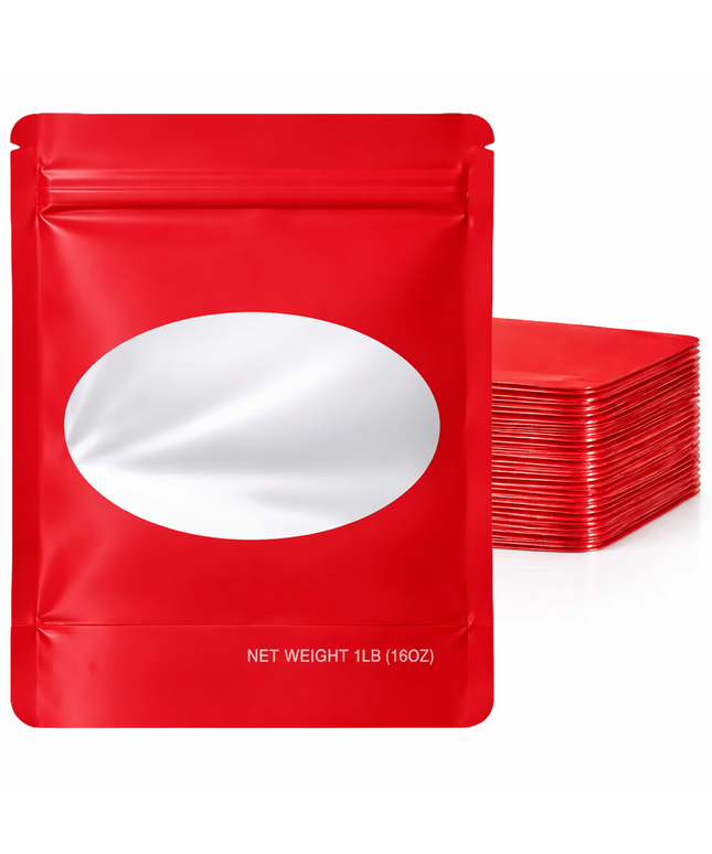 25 Pack – 1lb Solid Color Mylar Bags with Oval Window - Red