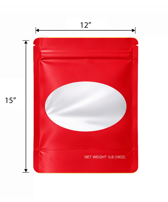 25 Pack – 1lb Solid Color Mylar Bags with Oval Window - Red