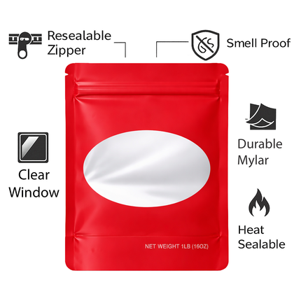 25 Pack – 1lb Solid Color Mylar Bags with Oval Window - Red