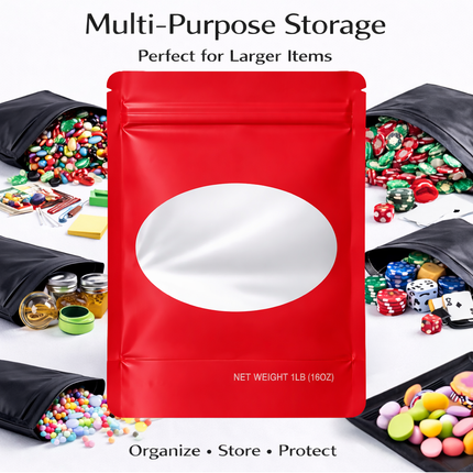 25 Pack – 1lb Solid Color Mylar Bags with Oval Window - Red
