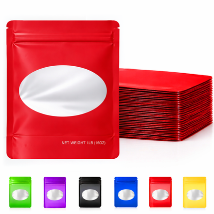 25 Pack – 1lb Solid Color Mylar Bags with Oval Window - Red