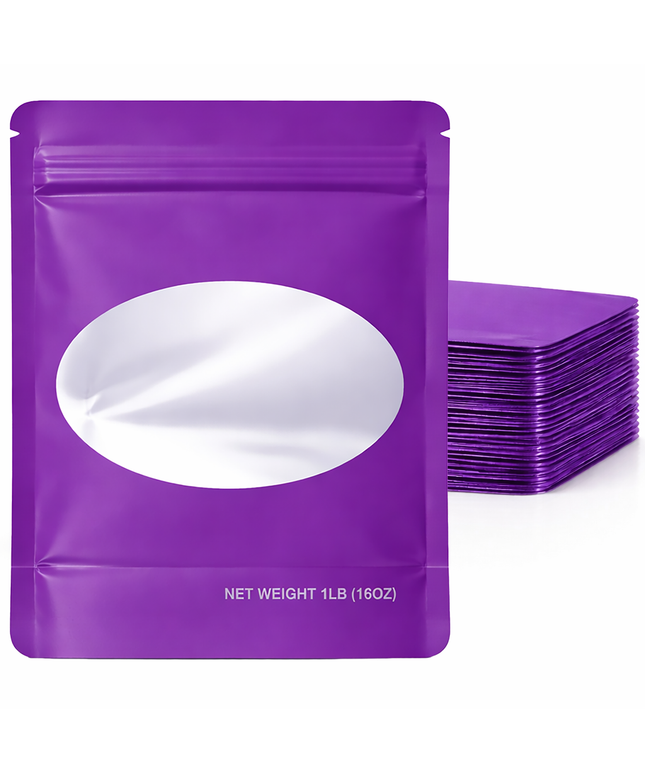 25 Pack – 1lb Solid Color Mylar Bags with Oval Window - Purple