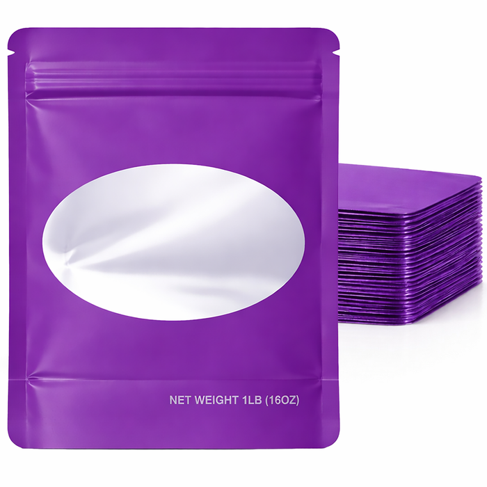 25 Pack – 1lb Solid Color Mylar Bags with Oval Window - Purple