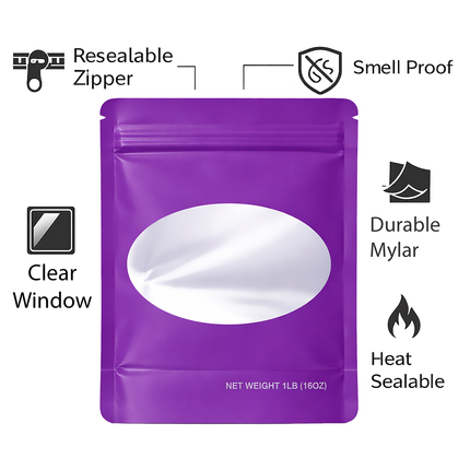 25 Pack – 1lb Solid Color Mylar Bags with Oval Window - Purple