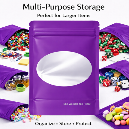 25 Pack – 1lb Solid Color Mylar Bags with Oval Window - Purple