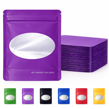 25 Pack – 1lb Solid Color Mylar Bags with Oval Window - Purple