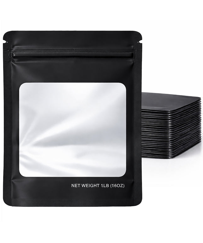 25 Pack – 1lb Solid Color Mylar Bags with Square Window - Black