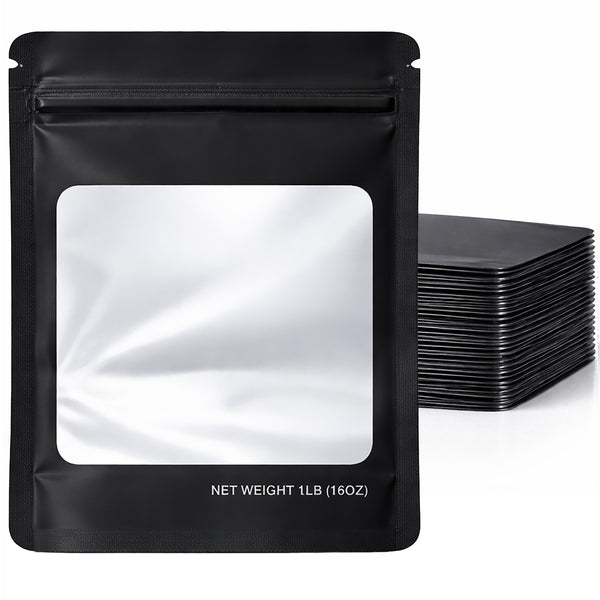 25 Pack – 1lb Solid Color Mylar Bags with Square Window - Black