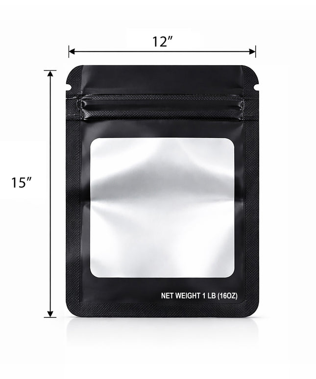 25 Pack – 1lb Solid Color Mylar Bags with Square Window - Black