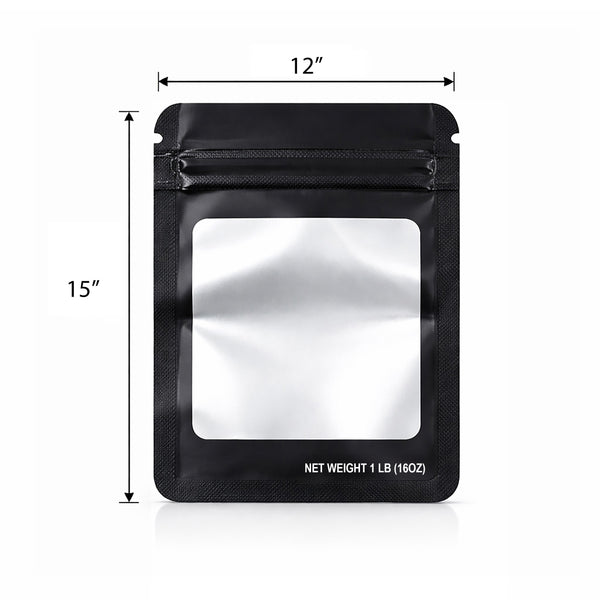 25 Pack – 1lb Solid Color Mylar Bags with Square Window - Black
