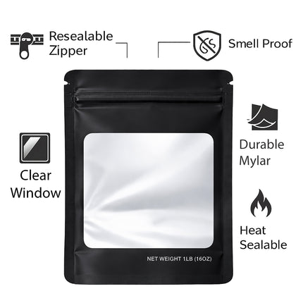 25 Pack – 1lb Solid Color Mylar Bags with Square Window - Black