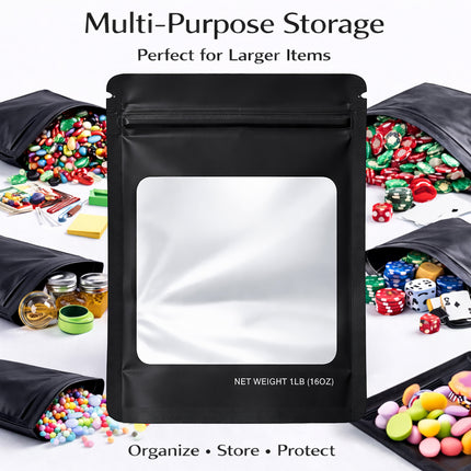 25 Pack – 1lb Solid Color Mylar Bags with Square Window - Black