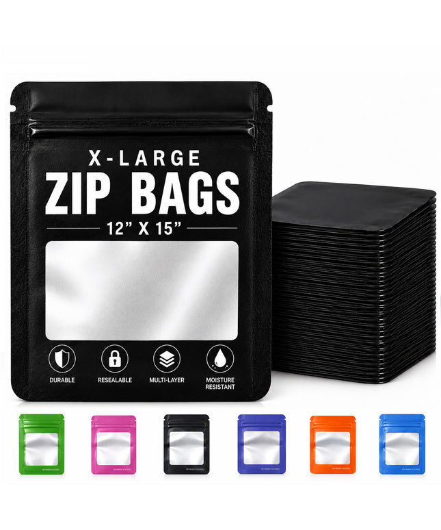 25 Pack - X-Large Solid Color Zip-Seal Foil Pouches (12"x15") Square Window Selection