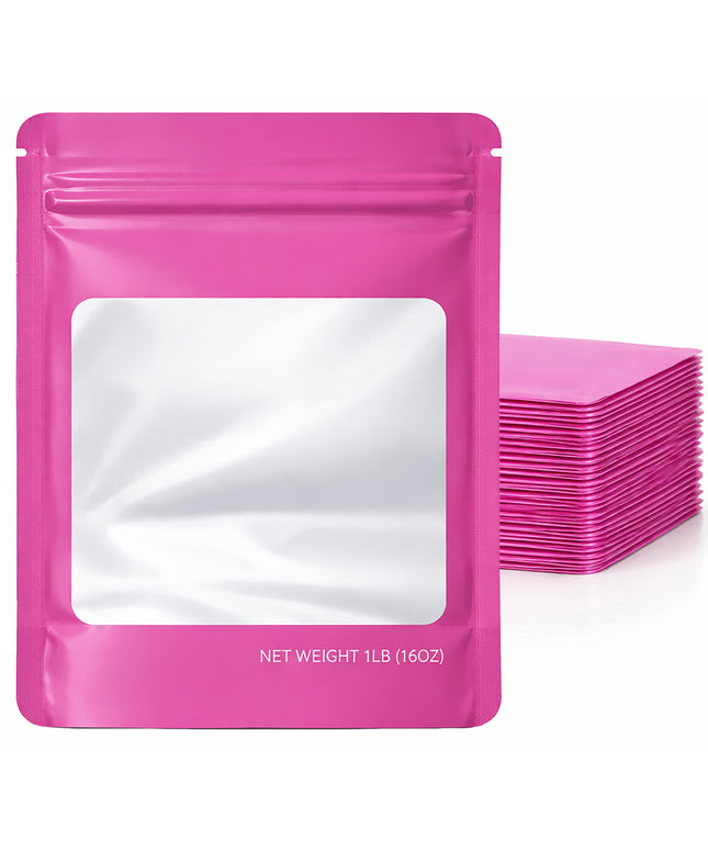 25 Pack – 1lb Solid Color Mylar Bags with Square Window - Pink
