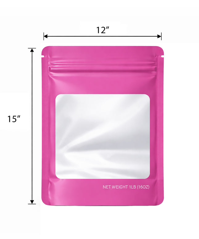 25 Pack – 1lb Solid Color Mylar Bags with Square Window - Pink