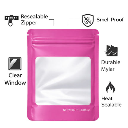 25 Pack – 1lb Solid Color Mylar Bags with Square Window - Pink