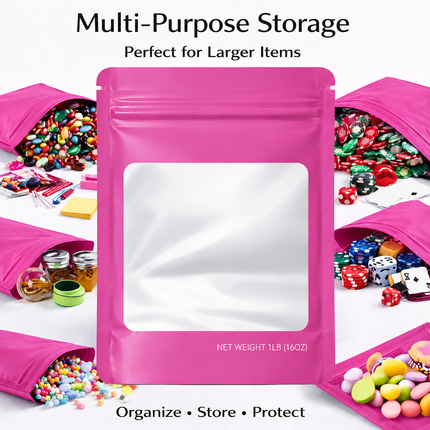 25 Pack – 1lb Solid Color Mylar Bags with Square Window - Pink