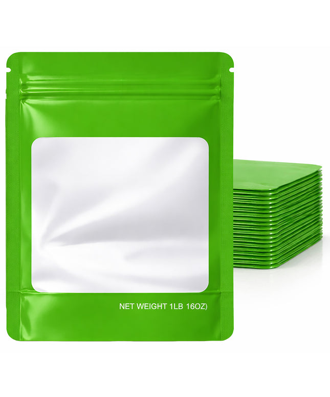 25 Pack – 1lb Solid Color Mylar Bags with Square Window - Green